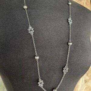 Liz Claiborne signed Station Necklace 34” silvertone with lobster closure
